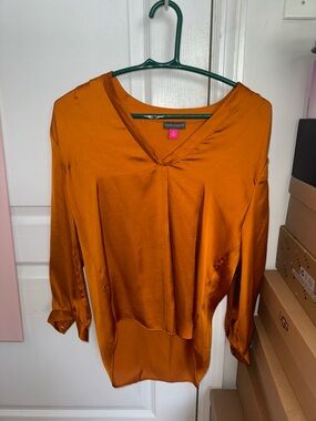 Vince Camuto Satin V-Neck Blouse in Burnt Orange